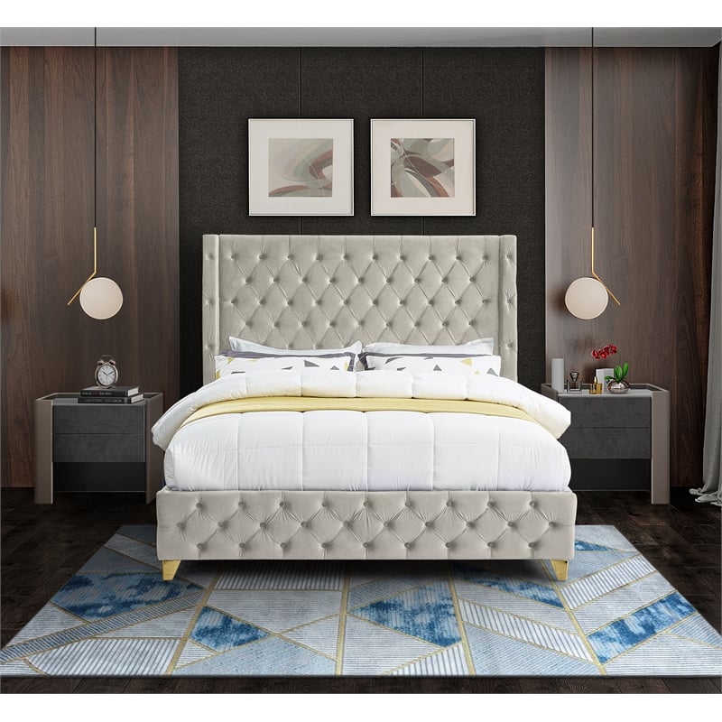 meridian furniture savan cream velvet queen bed