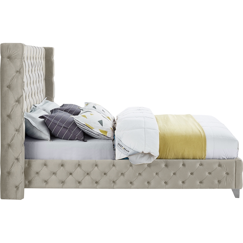 meridian furniture savan cream velvet queen bed