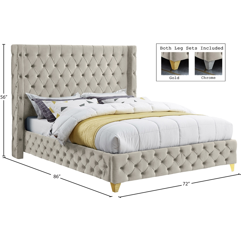 meridian furniture savan cream velvet queen bed