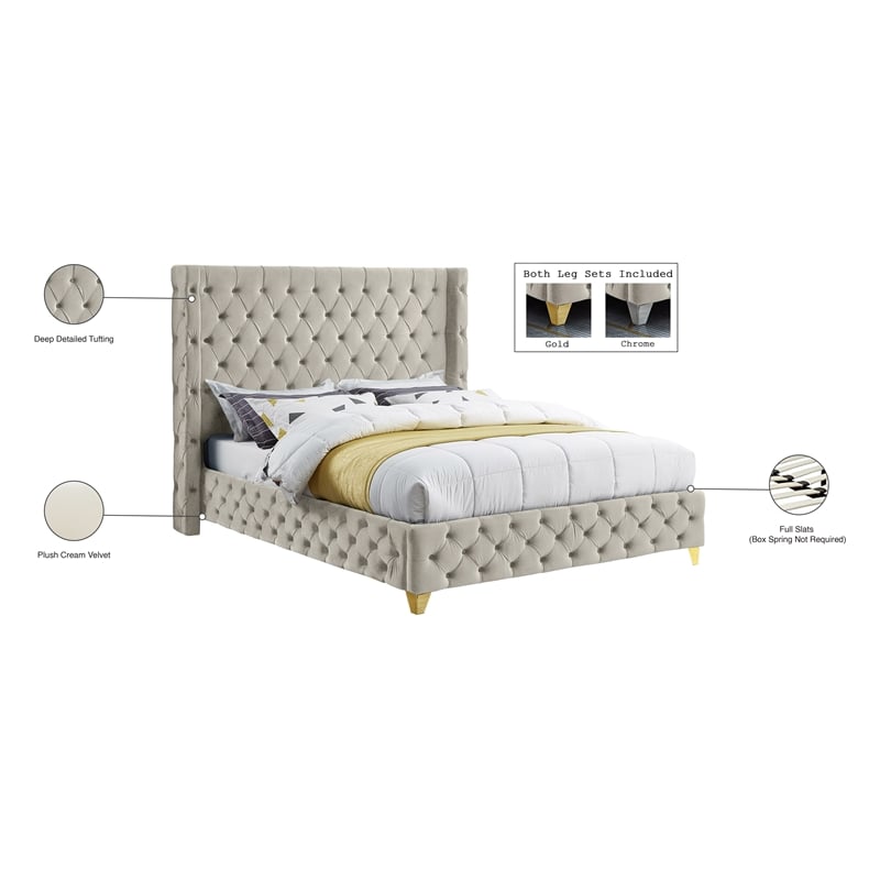 meridian furniture savan cream velvet queen bed