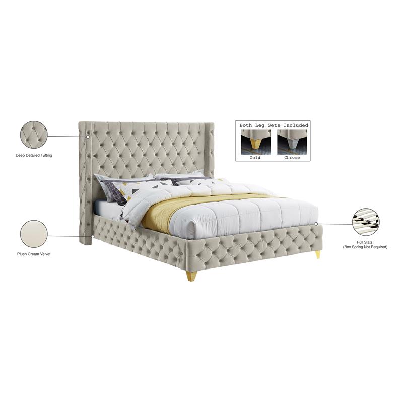 meridian furniture savan cream velvet queen bed