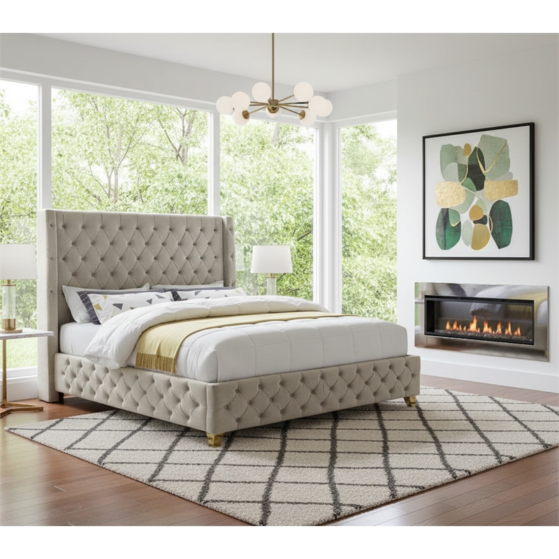 meridian furniture savan cream velvet queen bed