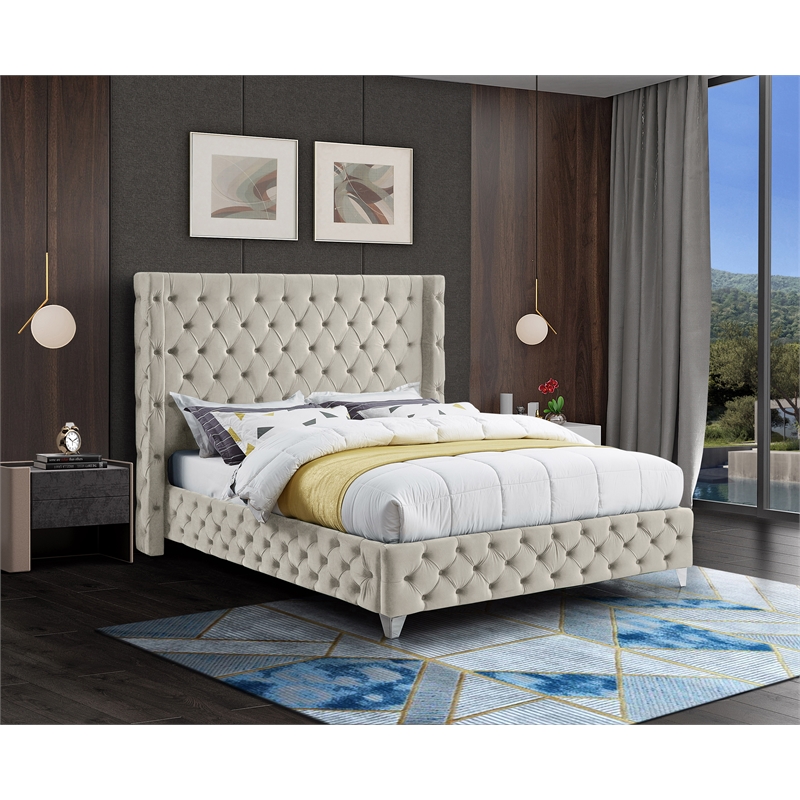meridian furniture savan cream velvet queen bed