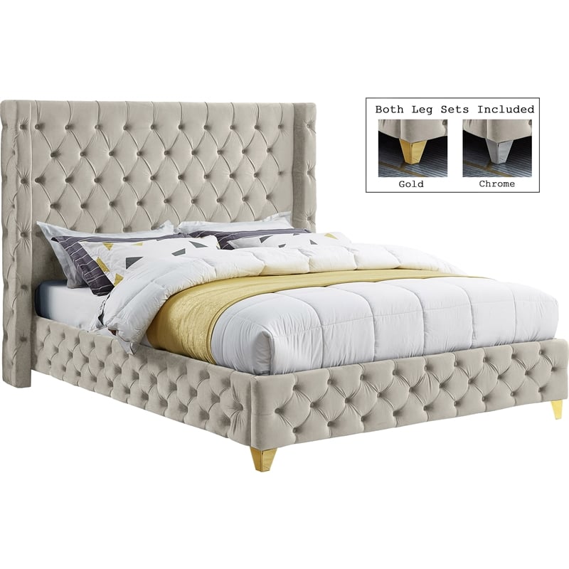 meridian furniture savan cream velvet queen bed