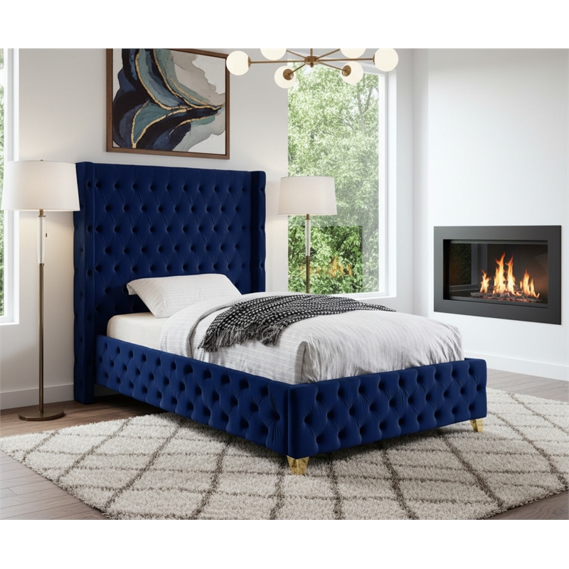 Meridian Furniture Savan Navy Velvet Twin Bed