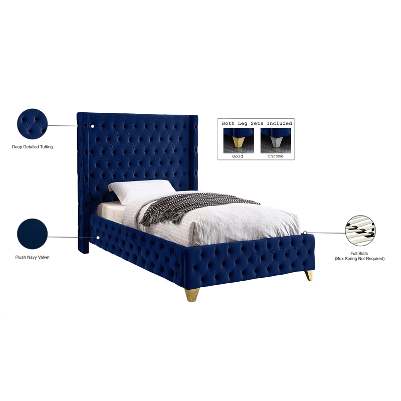 Meridian Furniture Savan Navy Velvet Twin Bed