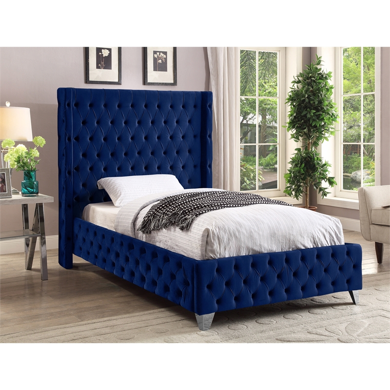 Meridian Furniture Savan Navy Velvet Twin Bed