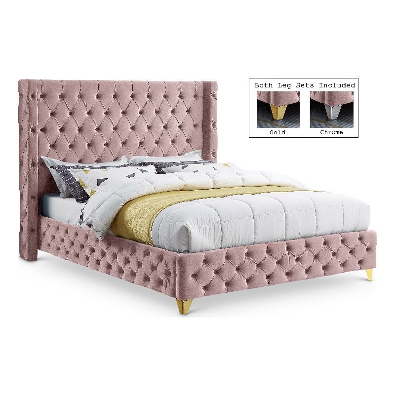 Meridian Furniture Savan Pink Velvet King Bed