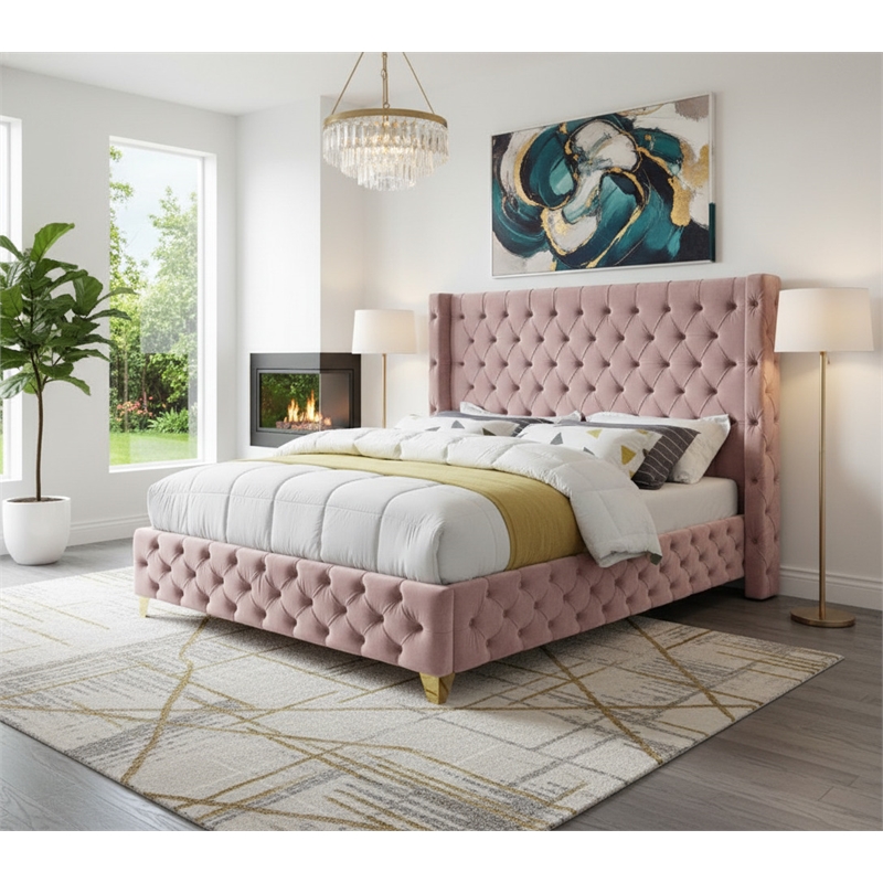 Meridian Furniture Savan Pink Velvet King Bed