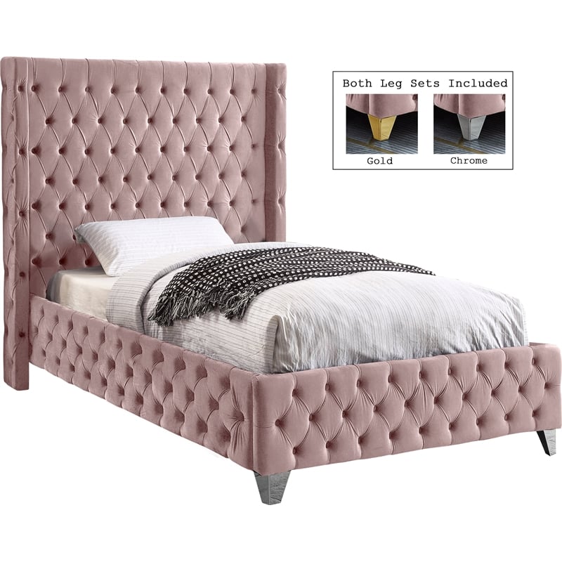 Meridian Furniture Savan Pink Velvet Twin Bed