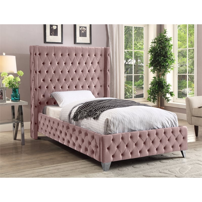 Meridian Furniture Savan Pink Velvet Twin Bed