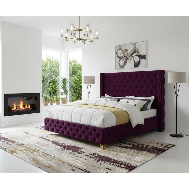 Meridian Furniture Savan Purple Velvet Queen Bed