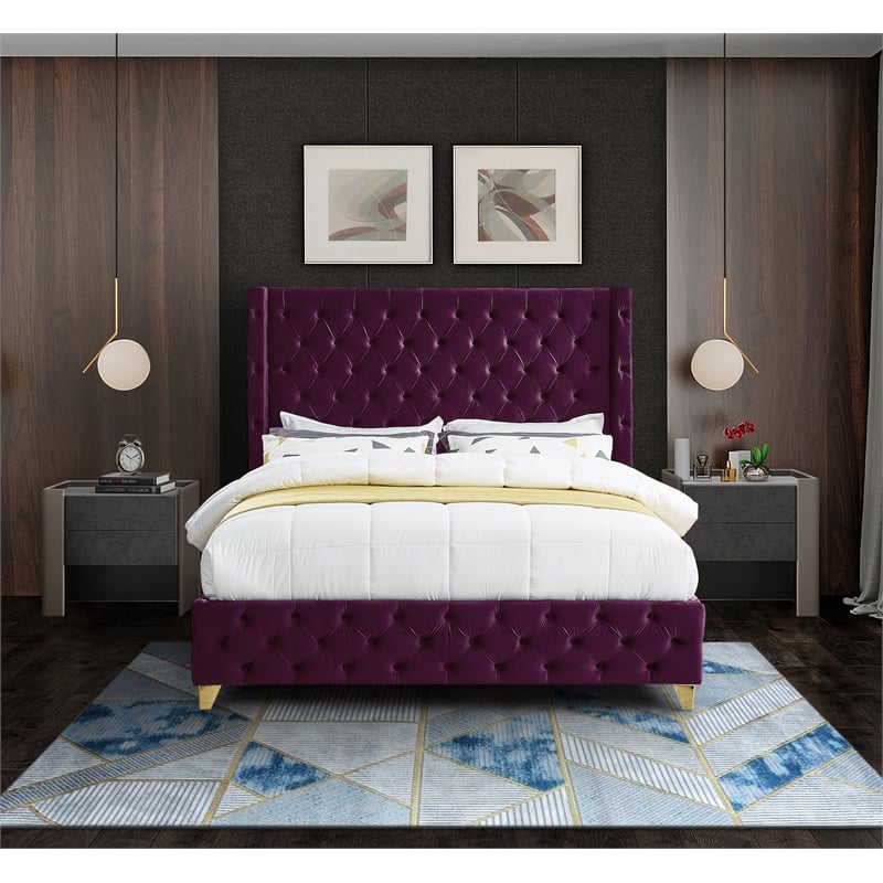 Meridian Furniture Savan Purple Velvet Queen Bed