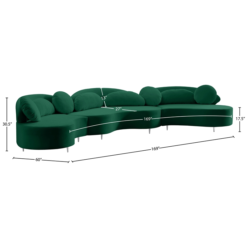 Meridian Furniture Vivacious Green Velvet 3pc. Sectional