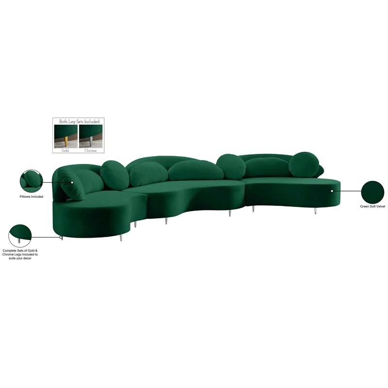 Meridian Furniture Vivacious Green Velvet 3pc. Sectional