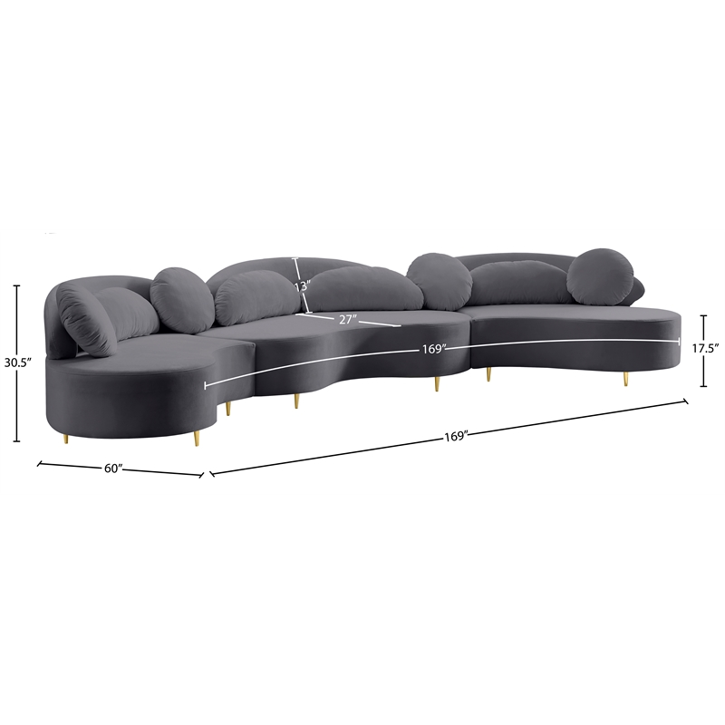 Meridian Furniture Vivacious Grey Velvet 3pc. Sectional