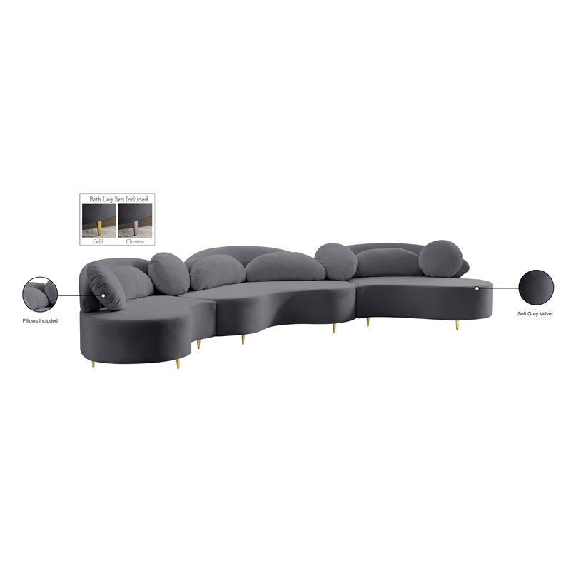 Meridian Furniture Vivacious Grey Velvet 3pc. Sectional