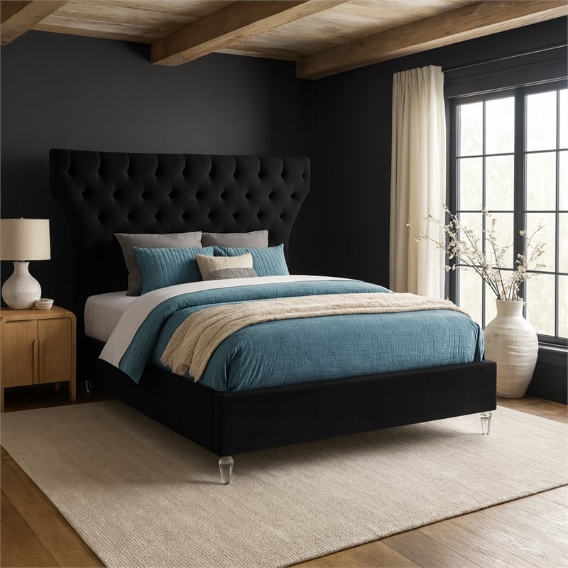 Meridian Furniture Kira Black Velvet Queen Bed