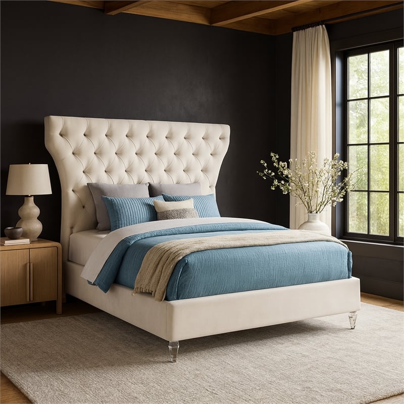 Meridian Furniture Kira Cream Velvet Queen Bed