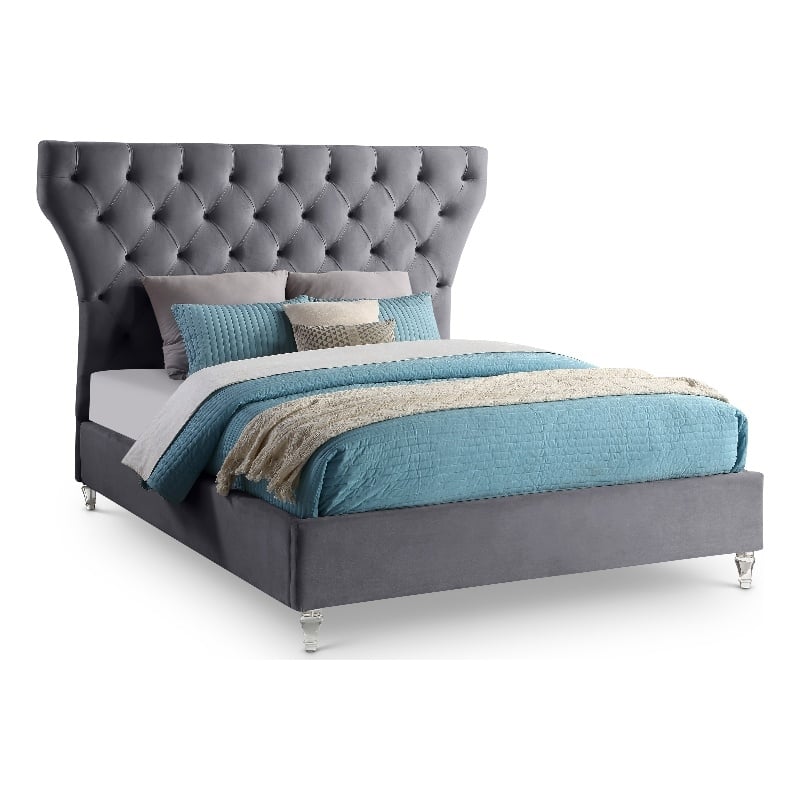Meridian Furniture Kira Grey Velvet Queen Bed