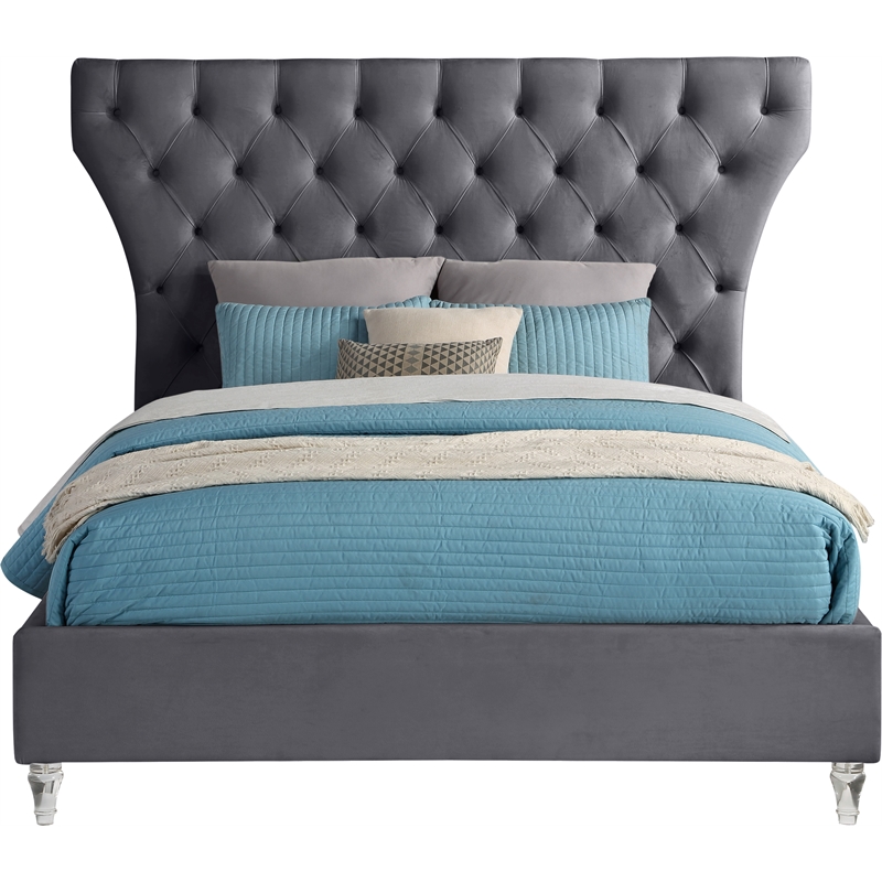Meridian Furniture Kira Grey Velvet Queen Bed