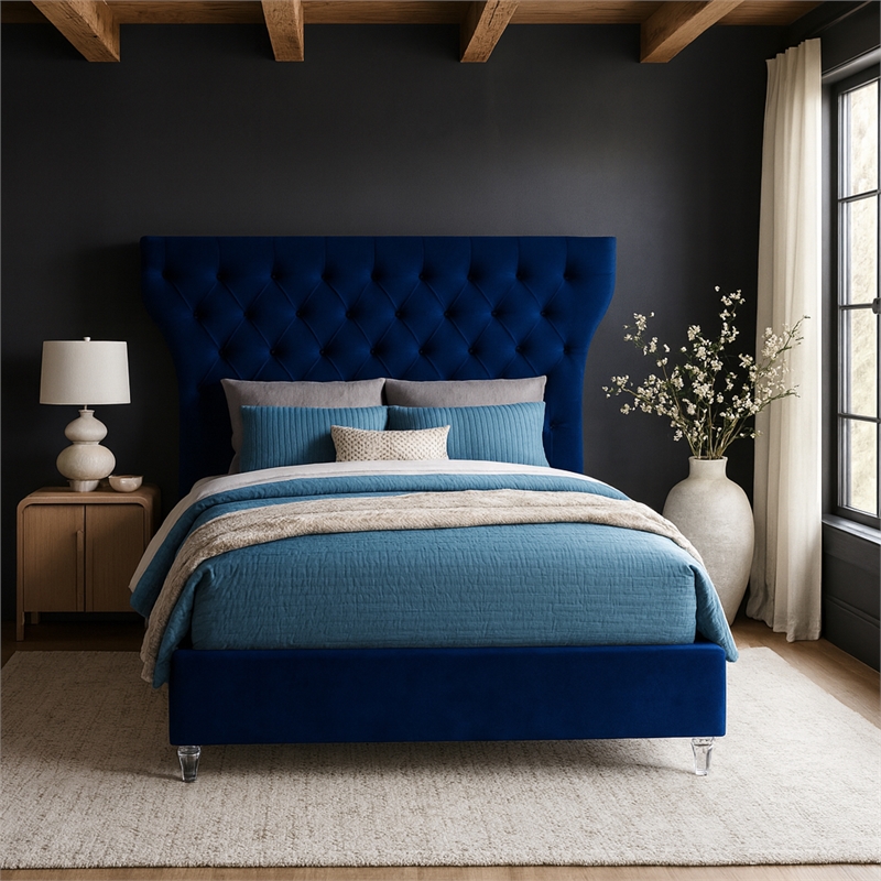 Meridian Furniture Kira Navy Velvet Queen Bed