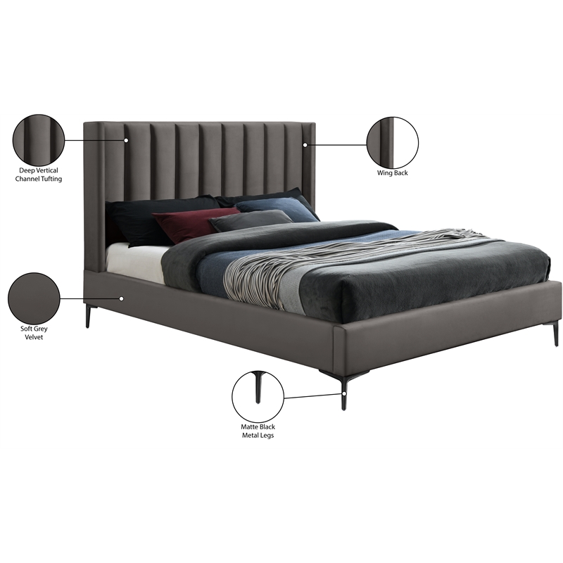 Meridian Furniture Nadia Grey Velvet Full Bed