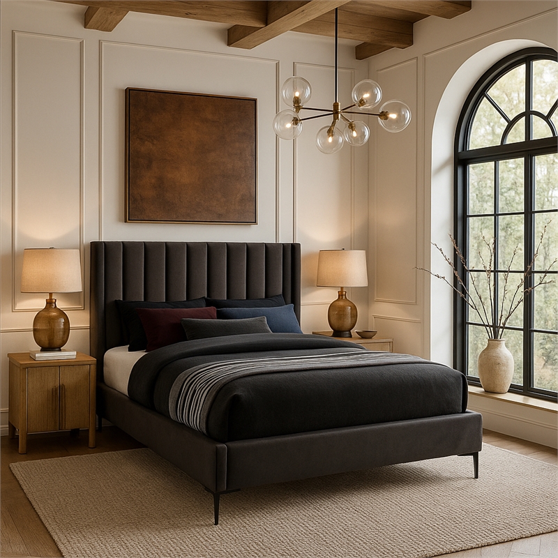 Meridian Furniture Nadia Grey Velvet Queen Bed