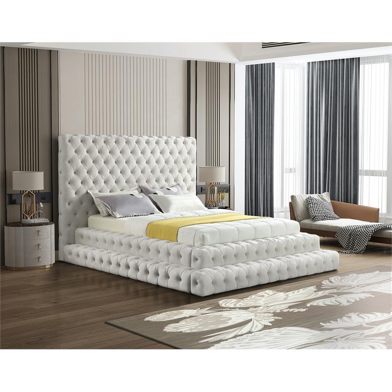Meridian Furniture Revel Cream Velvet Queen Bed