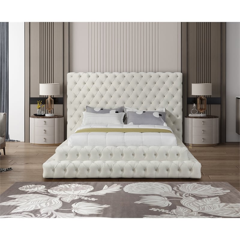 Meridian Furniture Revel Cream Velvet Queen Bed