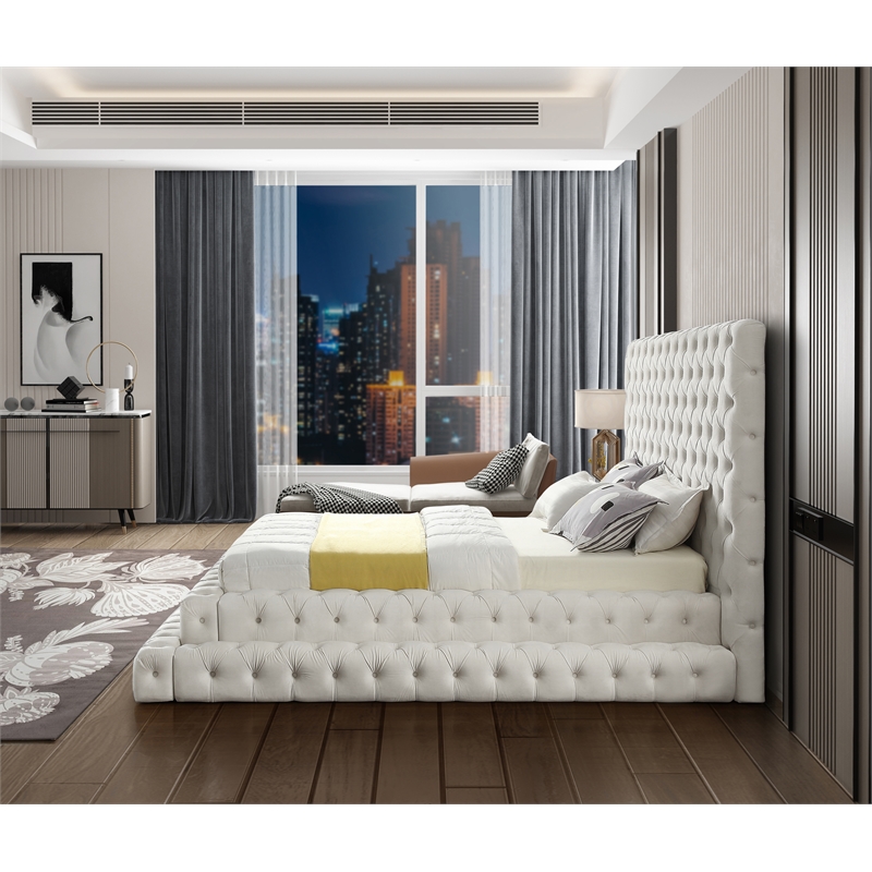 Meridian Furniture Revel Cream Velvet Queen Bed