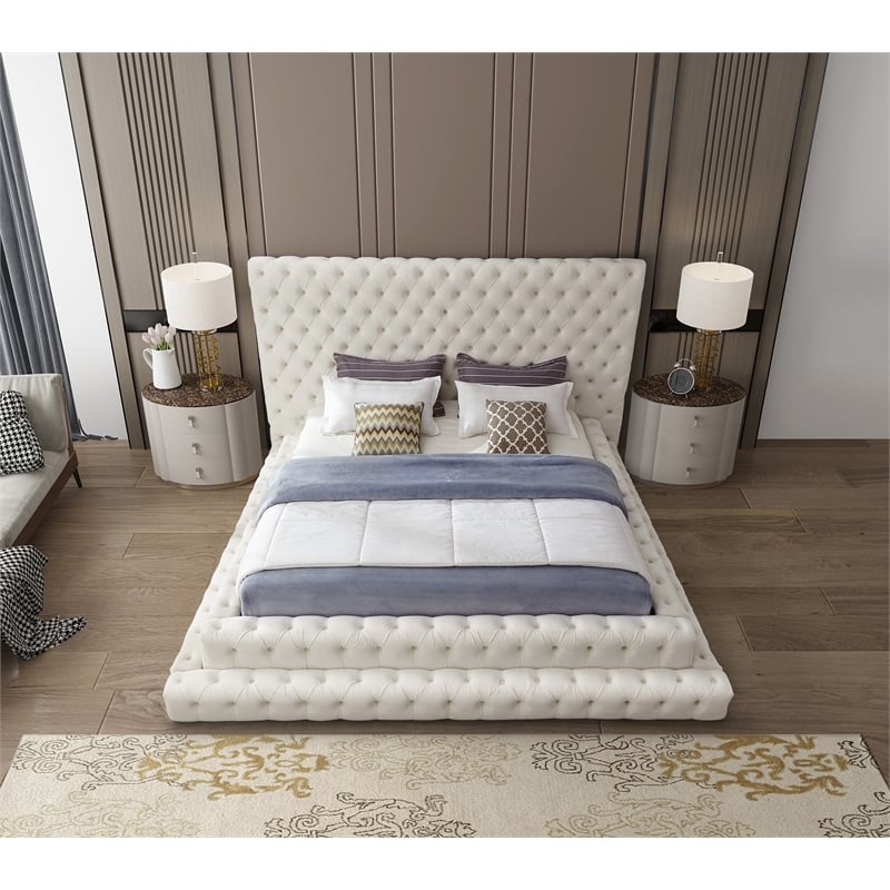 Meridian Furniture Revel Cream Velvet Queen Bed