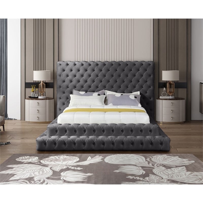 Meridian Furniture Revel Grey Velvet Queen Bed