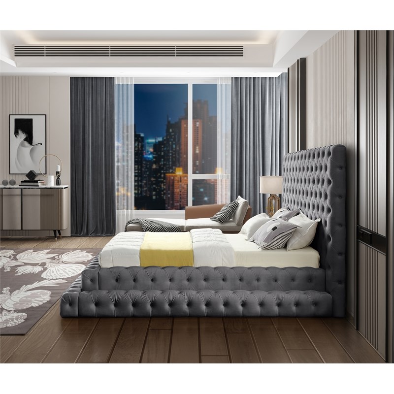 Meridian Furniture Revel Grey Velvet Queen Bed