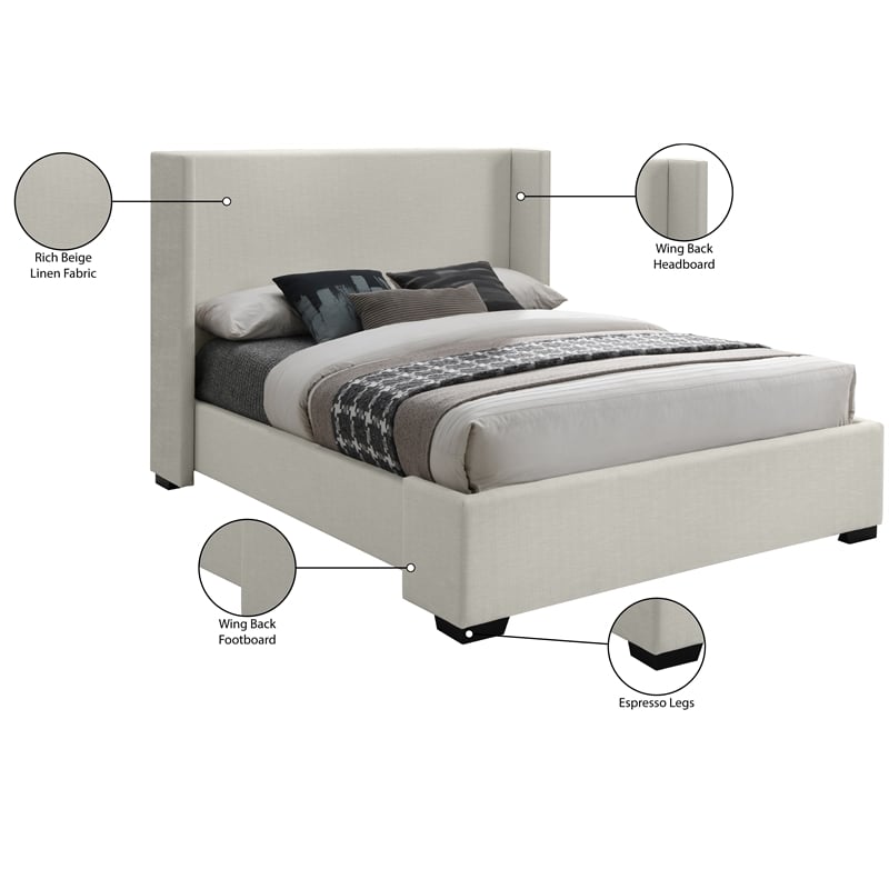 Meridian Furniture Oxford Beige Linen Textured Fabric Queen Bed