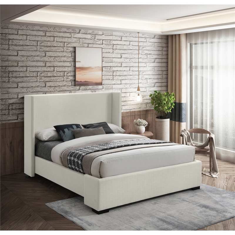 Meridian Furniture Oxford Beige Linen Textured Fabric Queen Bed
