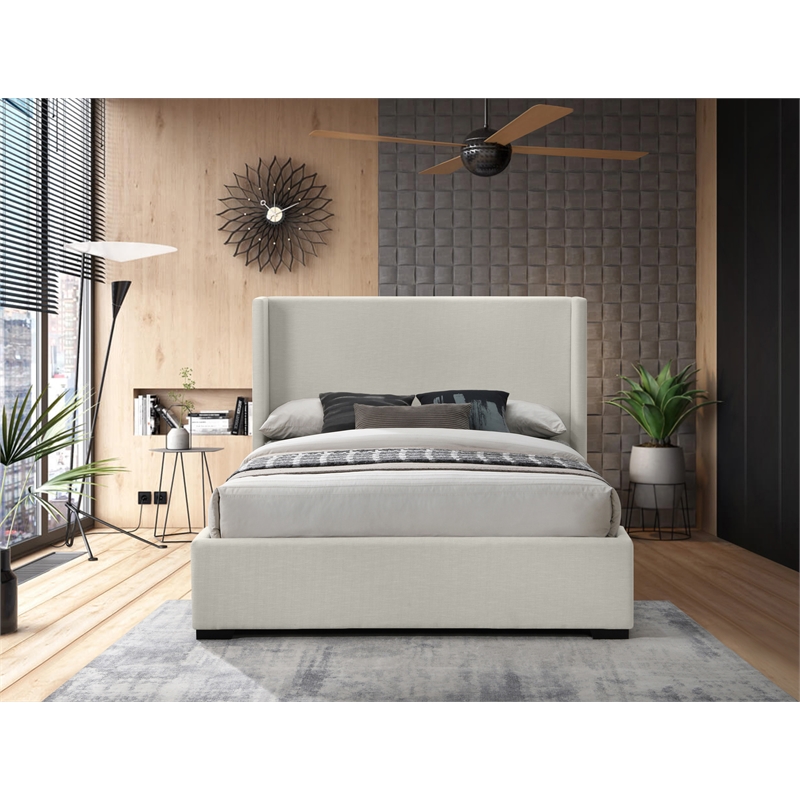 Meridian Furniture Oxford Beige Linen Textured Fabric Queen Bed