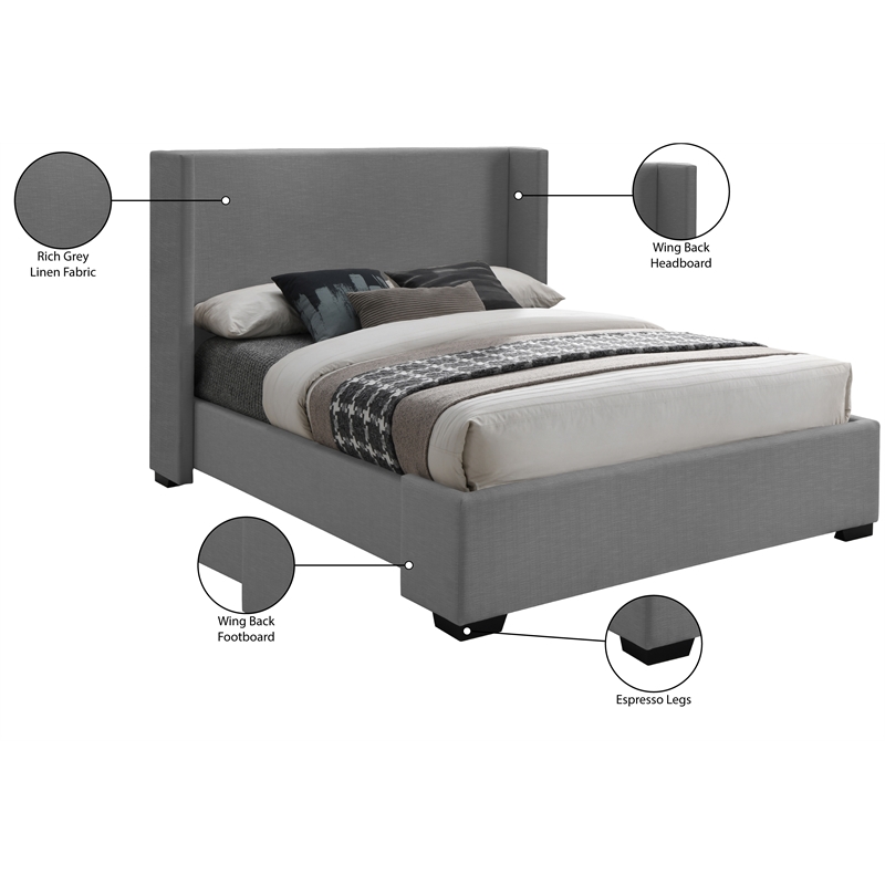 Meridian Furniture Oxford Grey Linen Textured Fabric Full Bed