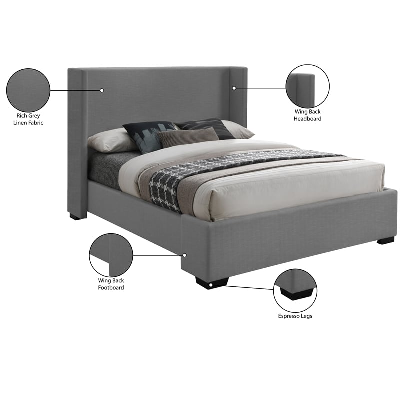 Meridian Furniture Oxford Grey Linen Textured Fabric King Bed