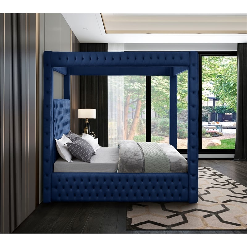 Meridian Furniture Royal Navy Velvet Queen Bed
