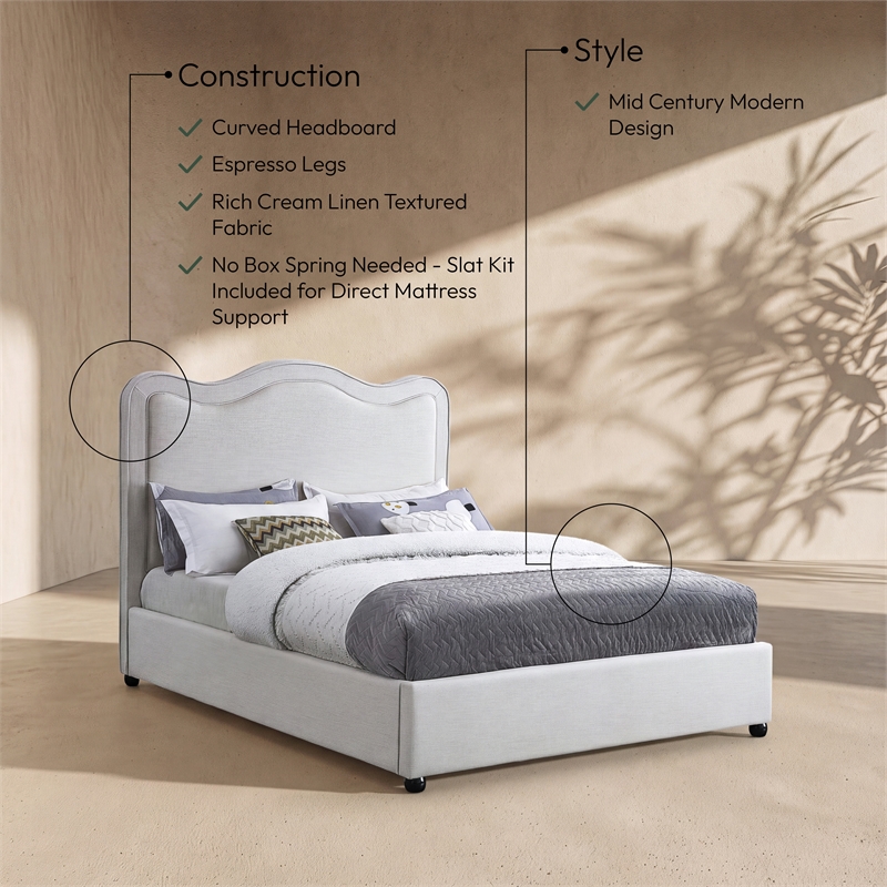 Meridian Furniture Felix Cream Linen Textured Fabric King Bed