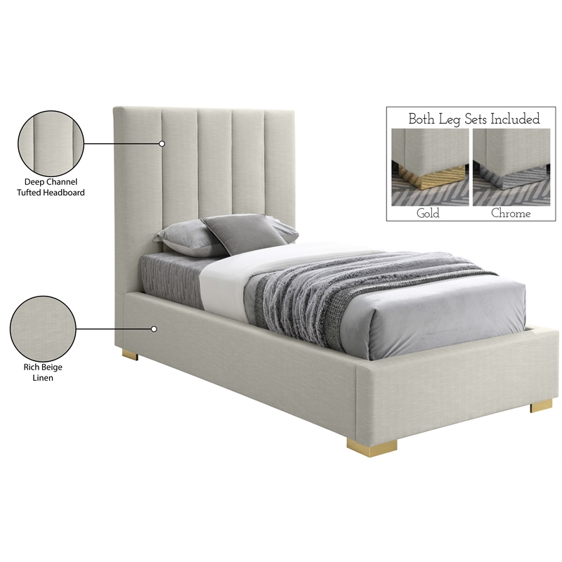 Meridian Furniture Pierce Beige Linen Textured Fabric Twin Bed