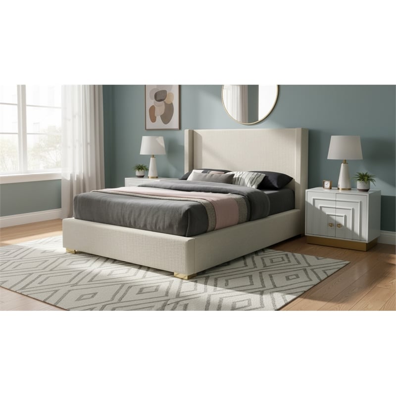Meridian Furniture Royce Beige Linen Textured Fabric Full Bed