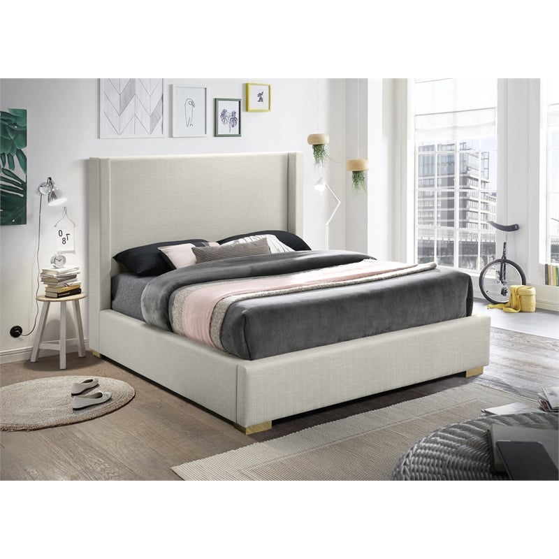 Meridian Furniture Royce Beige Linen Textured Fabric Full Bed