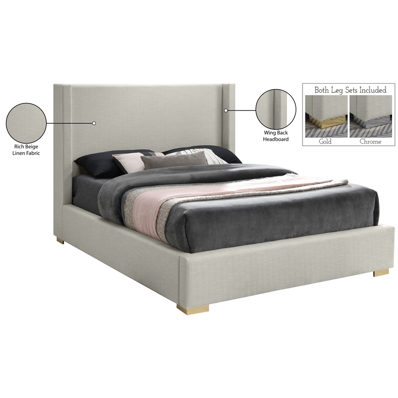 Meridian Furniture Royce Beige Linen Textured Fabric Full Bed