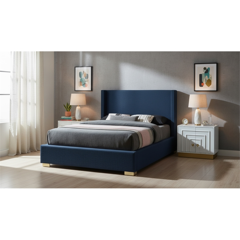 Meridian Furniture Royce Navy Linen Textured Fabric Full Bed