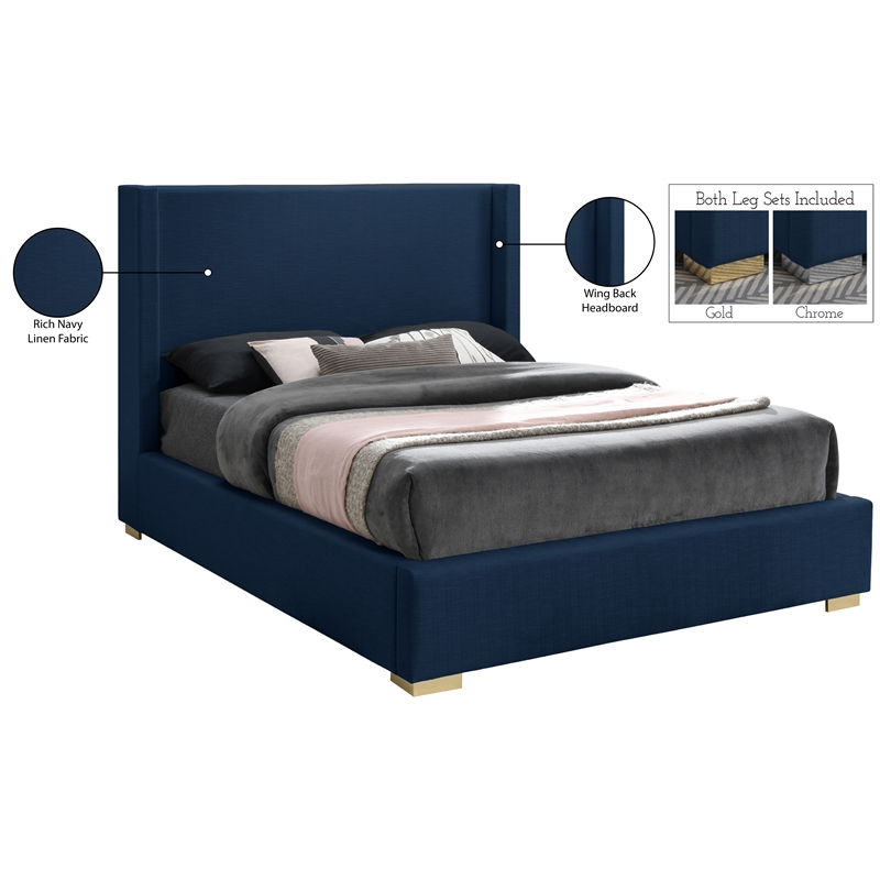 Meridian Furniture Royce Navy Linen Textured Fabric Full Bed