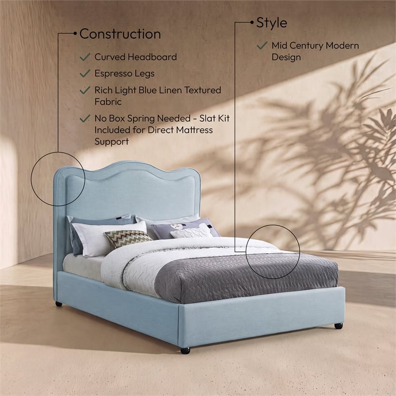 meridian furniture felix light blue linen textured fabric king bed