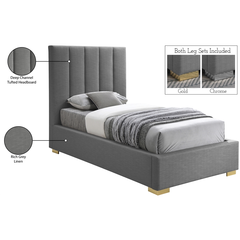 Meridian Furniture Pierce Grey Linen Textured Fabric Twin Bed