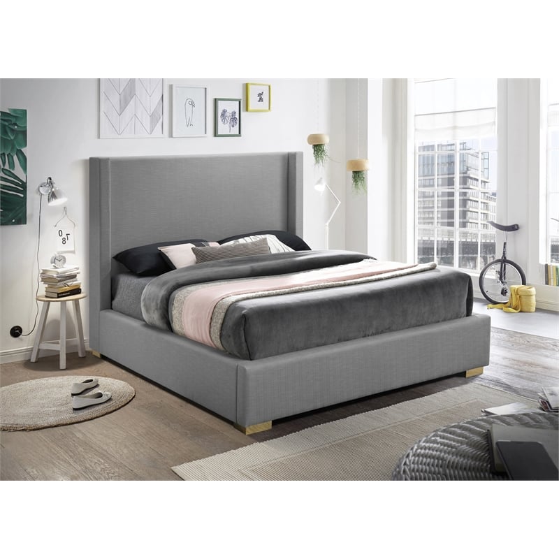 Meridian Furniture Royce Grey Linen Textured Fabric Full Bed